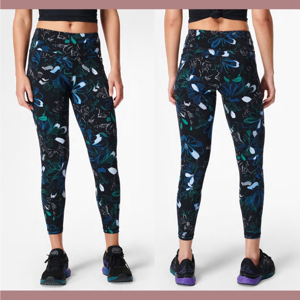 NWT $100 Sweaty Betty [ XS ] Power Pocket Workout 7/8 Leggings Blue‎ Floral